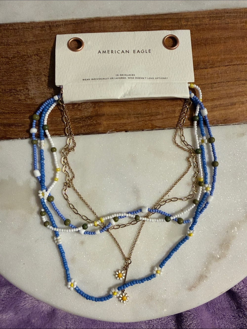 American Eagle Outfitters Blue Beaded Layered Necklace with Daisy Charms